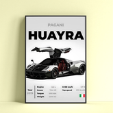Pagani Huayra poster by Dripster showing black sports car with specs and Italian flag